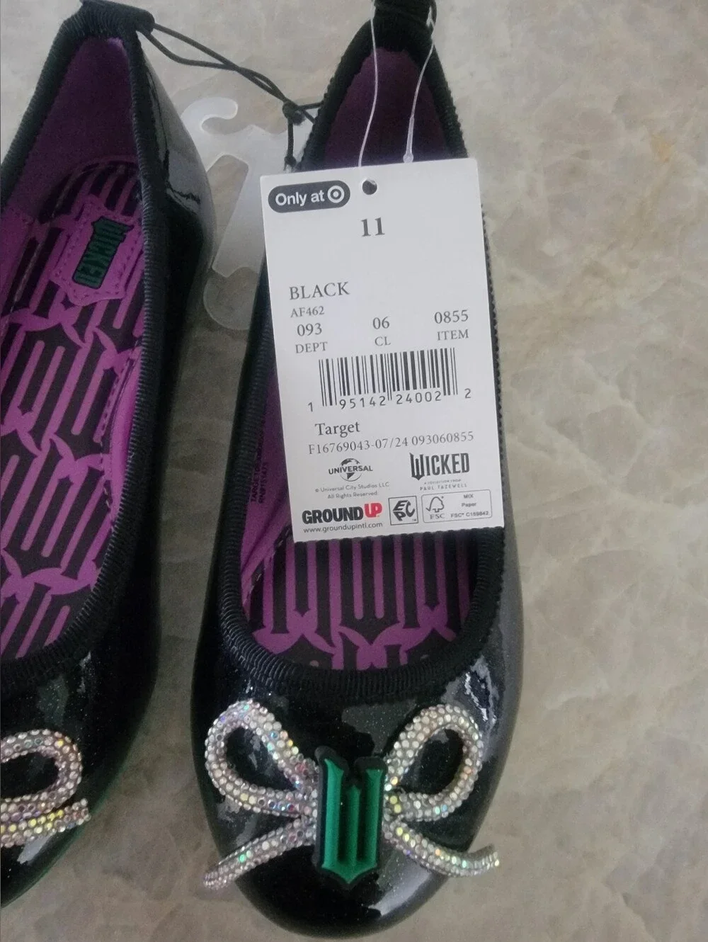 Kids Black Ballet Flats with Purple Insole and Green Accent -Wicked Size 3 & 11T